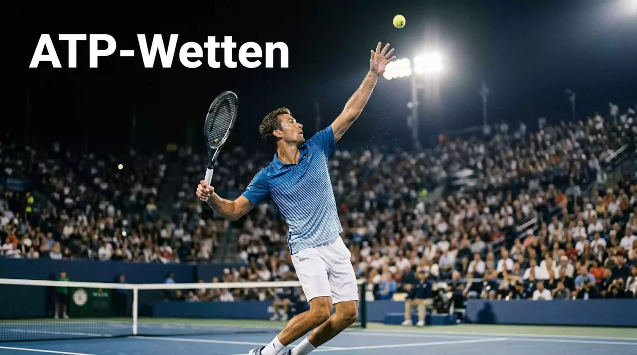 Männlicher Tennisspieler bei kraftvollem Aufschlag auf der ATP-Tour