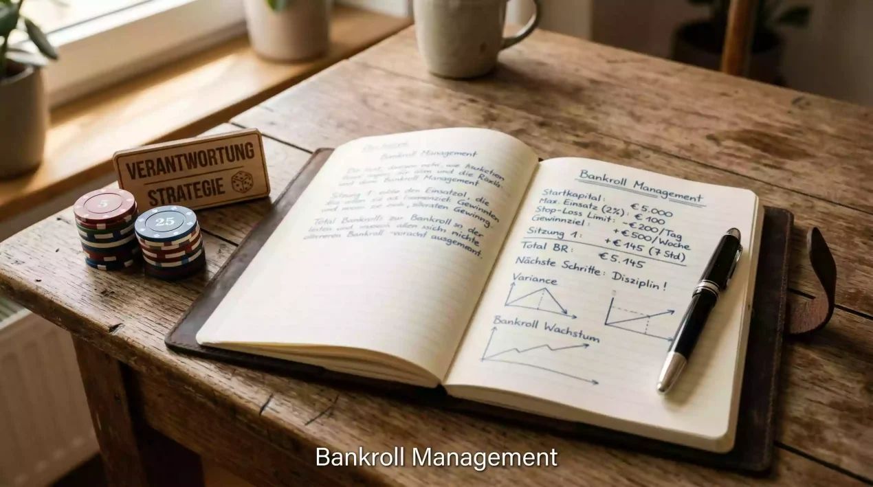 Notizbuch mit Stift auf einem Schreibtisch für Bankroll-Planung