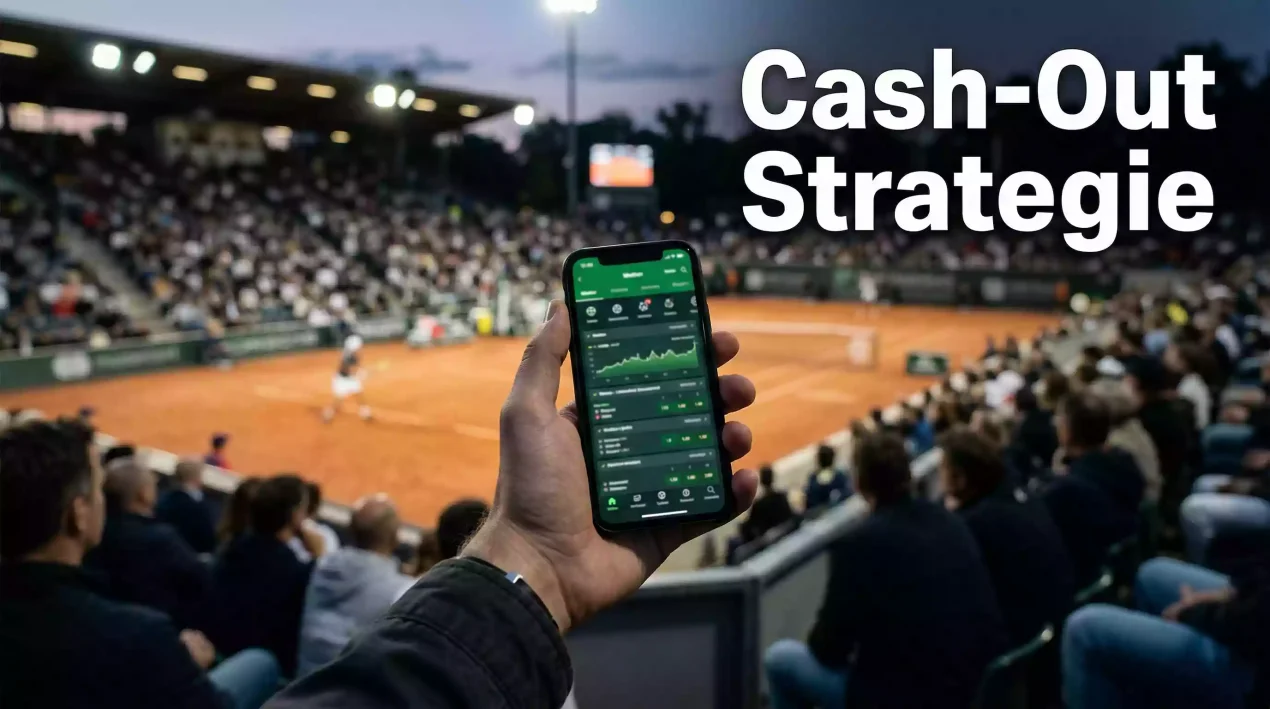 Hand hält ein Smartphone mit einem laufenden Tennismatch im Stadion