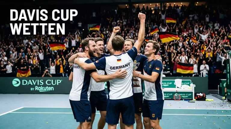 Tennismannschaft feiert gemeinsam einen Davis-Cup-Sieg auf dem Platz