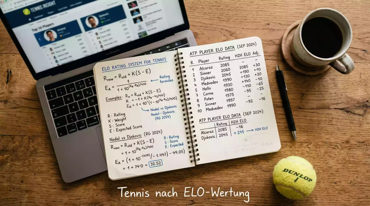 Notizbuch mit handgeschriebenen Formeln und Tennisdaten auf einem Schreibtisch