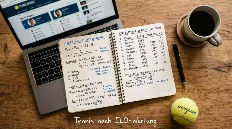 Notizbuch mit handgeschriebenen Formeln und Tennisdaten auf einem Schreibtisch
