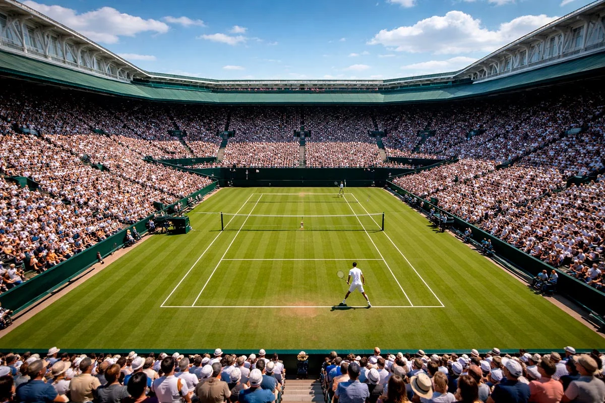 Blick über einen belebten Tennisplatz bei einem Grand-Slam-Turnier mit vollen Zuschauertribünen