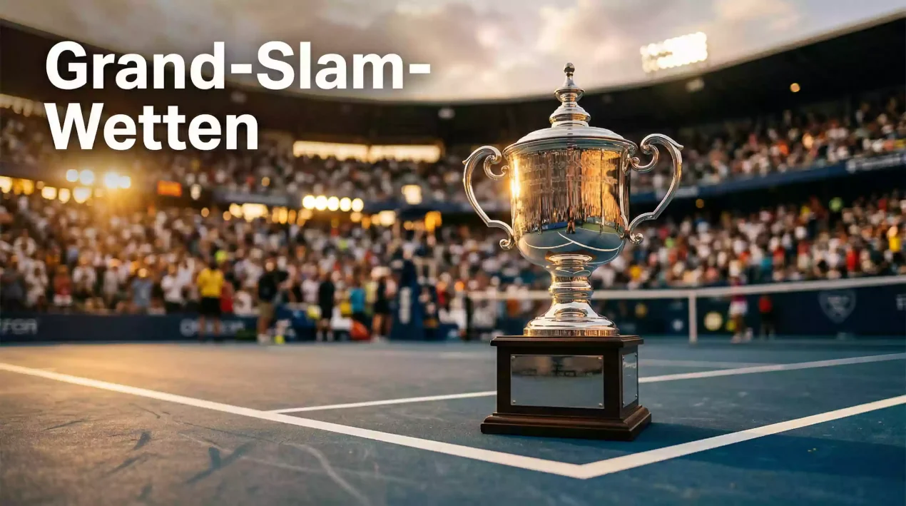Tennispokal auf einem Podest mit Stadion im Hintergrund als Grand-Slam-Symbol