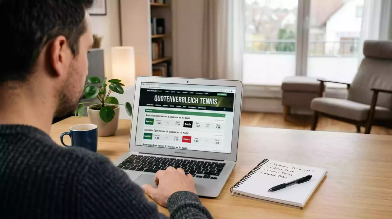 Person vergleicht Tenniswetten-Quoten auf einem Laptop am Schreibtisch