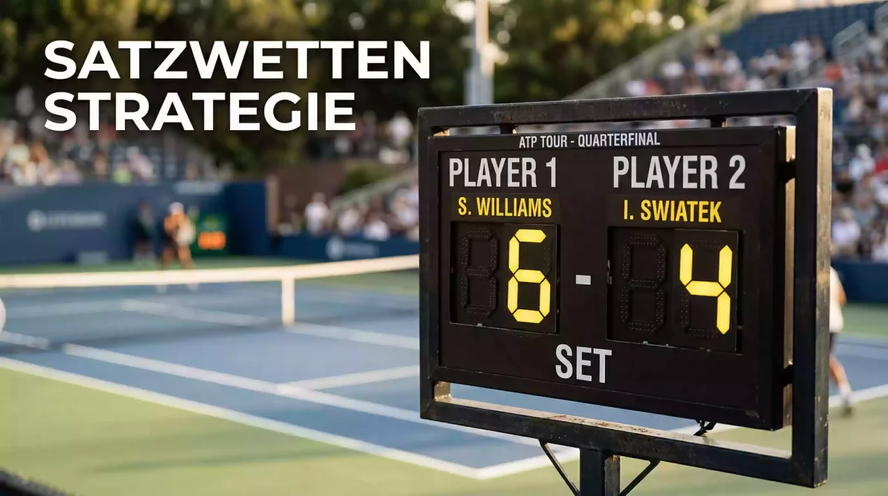 Anzeigetafel eines Tennismatches mit Satzergebnis auf dem Court