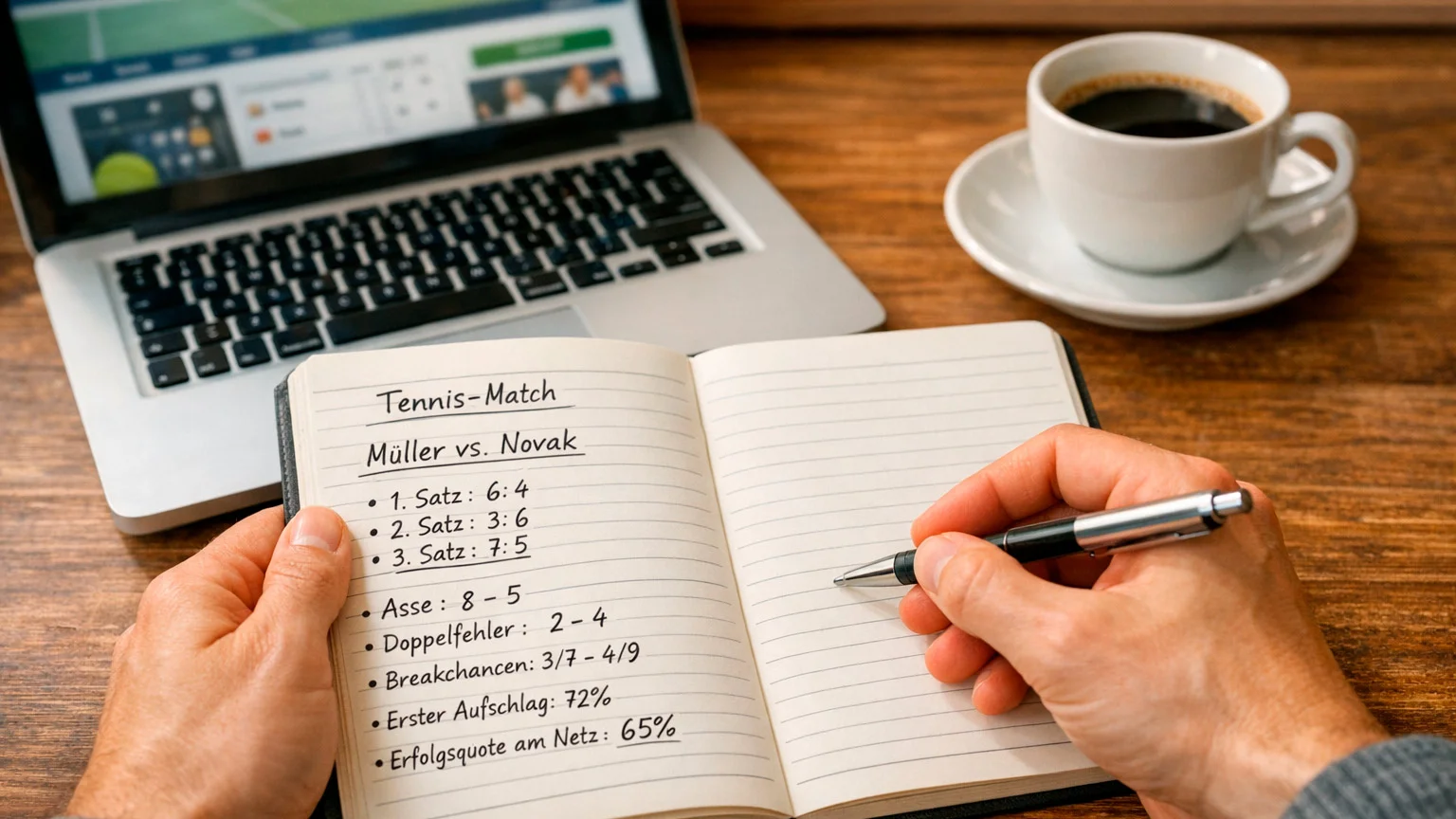 Person analysiert Tennisstatistiken in einem Notizbuch neben einem Laptop