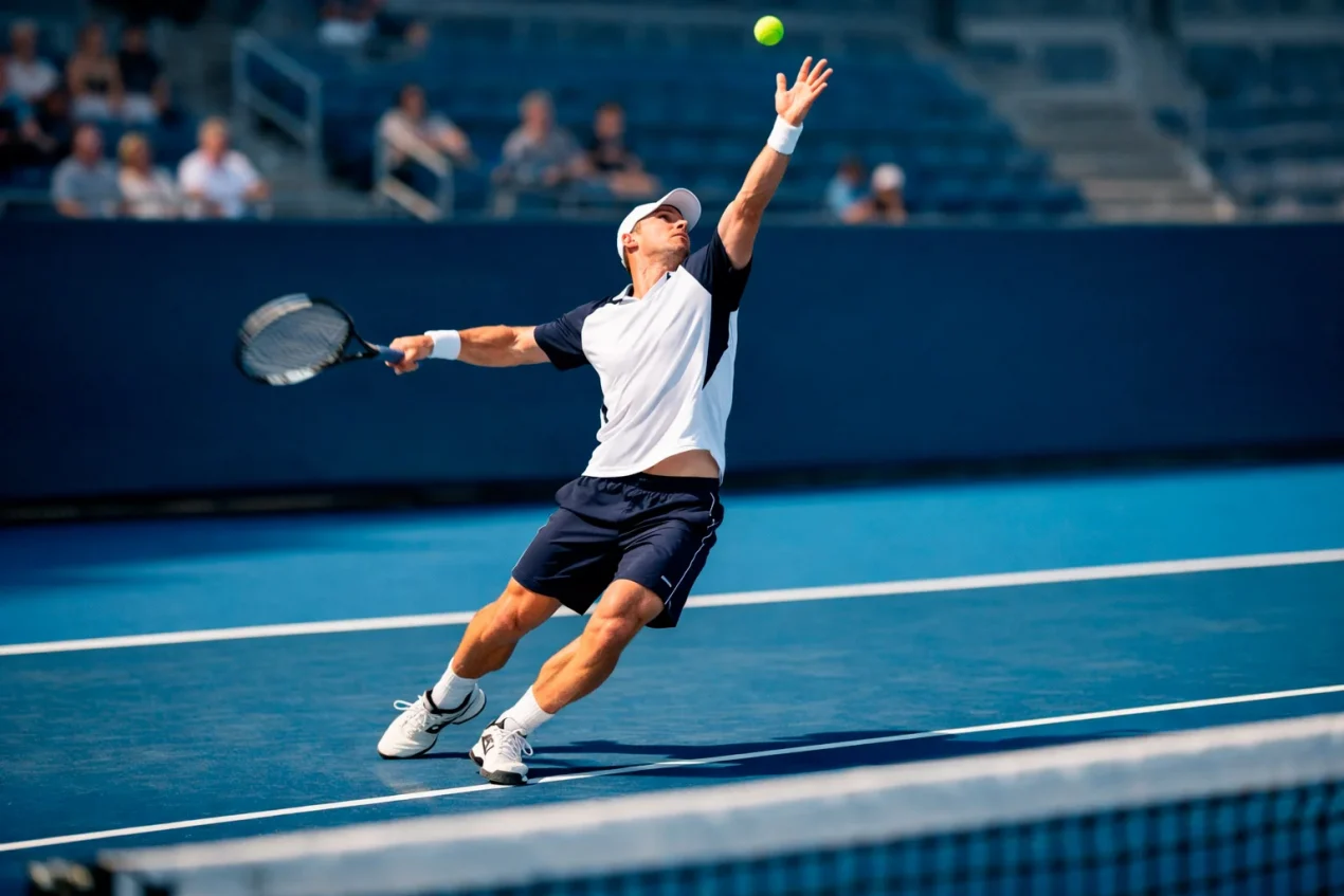 Tennisspieler beim kraftvollen Aufschlag auf einem Hartplatz während eines Livewetten-Matches