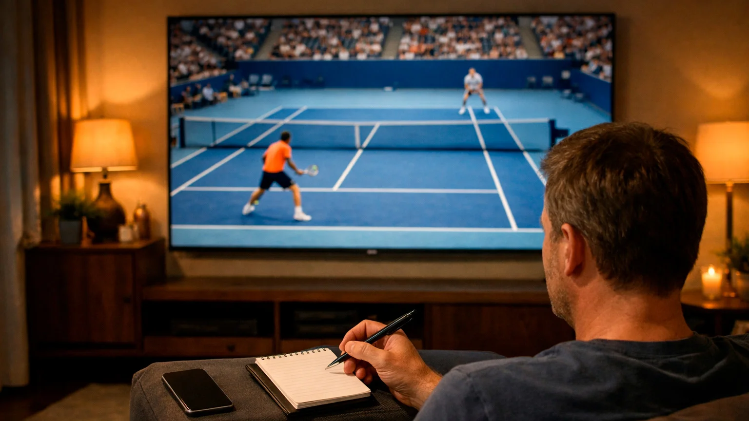 Zuschauer verfolgt ein Tennismatch live auf einem Bildschirm und macht sich Notizen