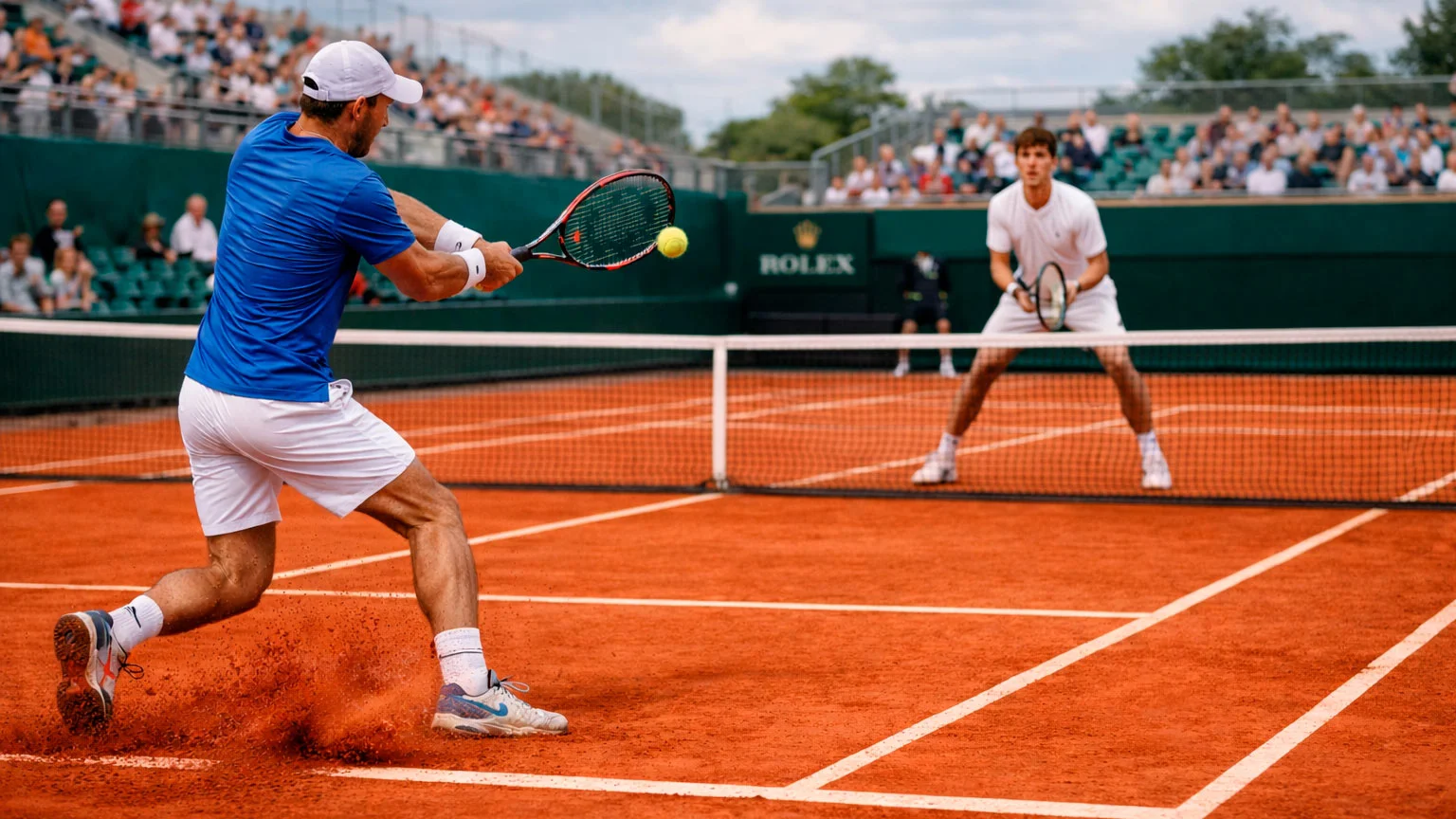 Zwei Tennisspieler während eines Matches auf einem Sandplatz mit Seitenlinien