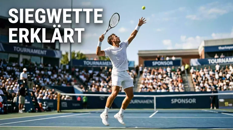 Tennisspieler schlägt kraftvoll auf während eines Matches auf Hartplatz