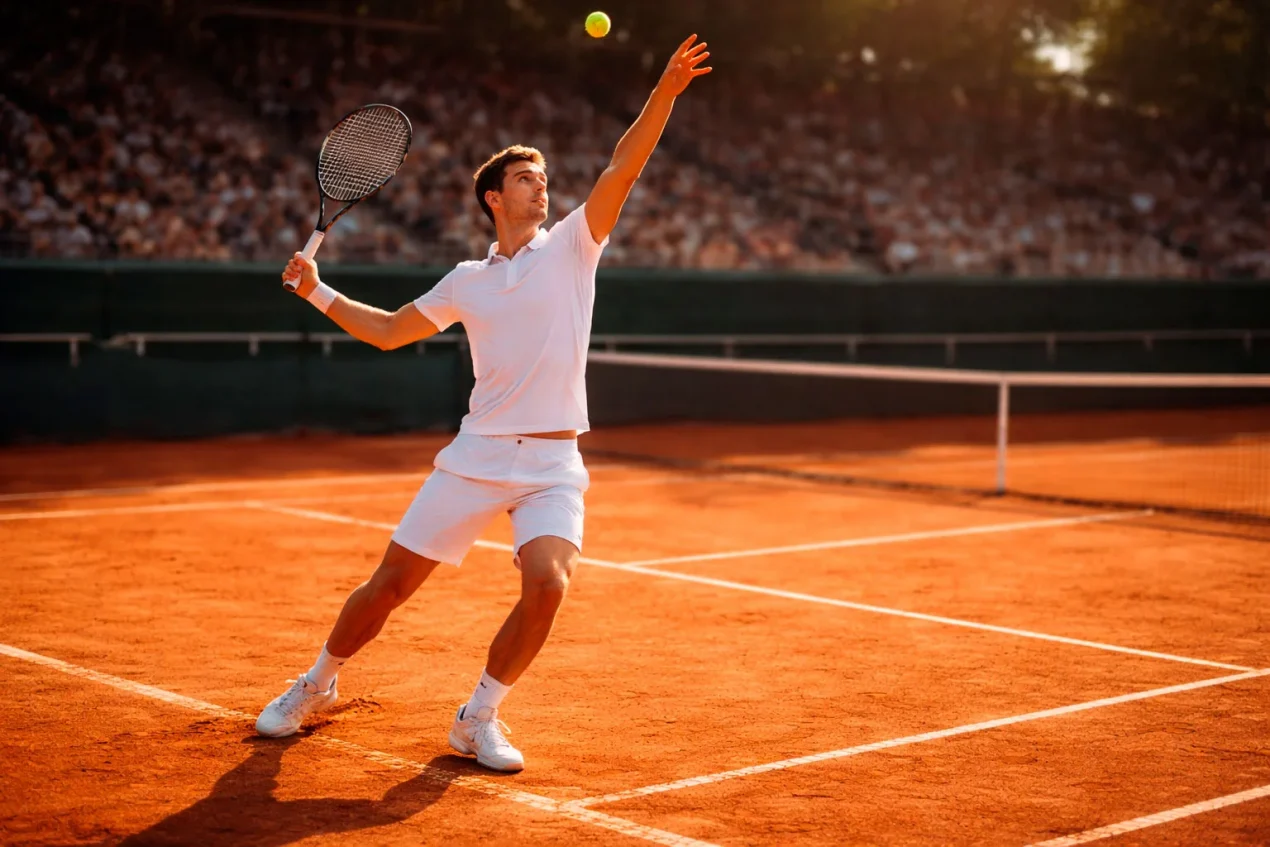 Tennisspieler beim Aufschlag auf einem Sandplatz im hellen Sonnenlicht