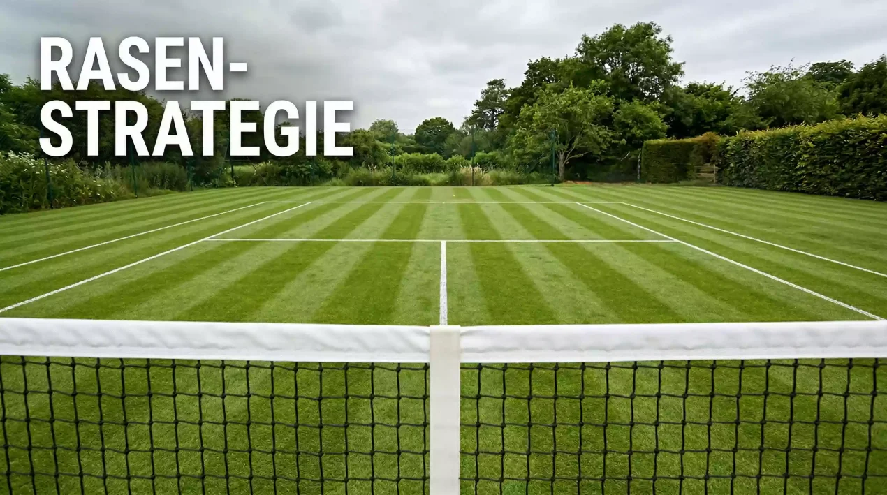 Tennisplatz mit frisch gemähtem Rasen und weißen Linien in Wimbledon-Atmosphäre