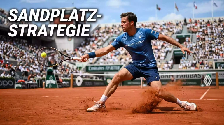 Tennisspieler gleitet auf rotem Sandplatz während einer Vorhand