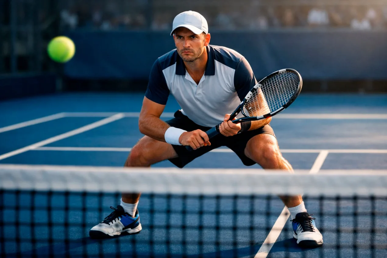 Tennisspieler beim Aufschlag auf einem Sandplatz im hellen Sonnenlicht