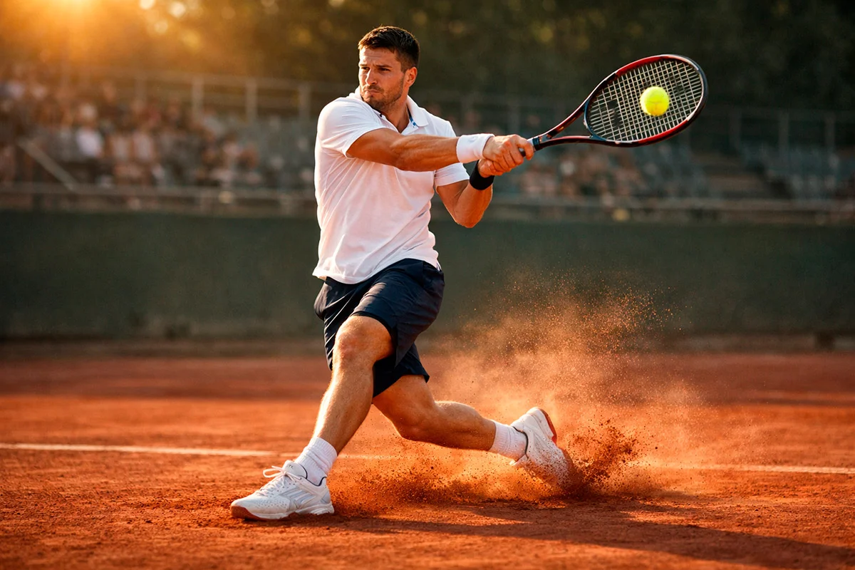 Tennisspieler schlägt Vorhand auf Sandplatz bei Sonnenlicht