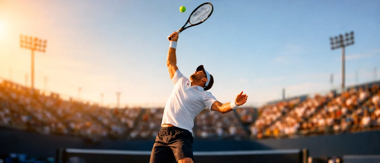 Tennisspieler beim Aufschlag im dramatischen Sonnenlicht auf einem Hartplatz