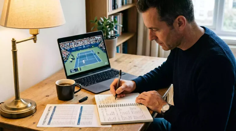 Person analysiert Tennisdaten an einem Schreibtisch mit Notizbuch