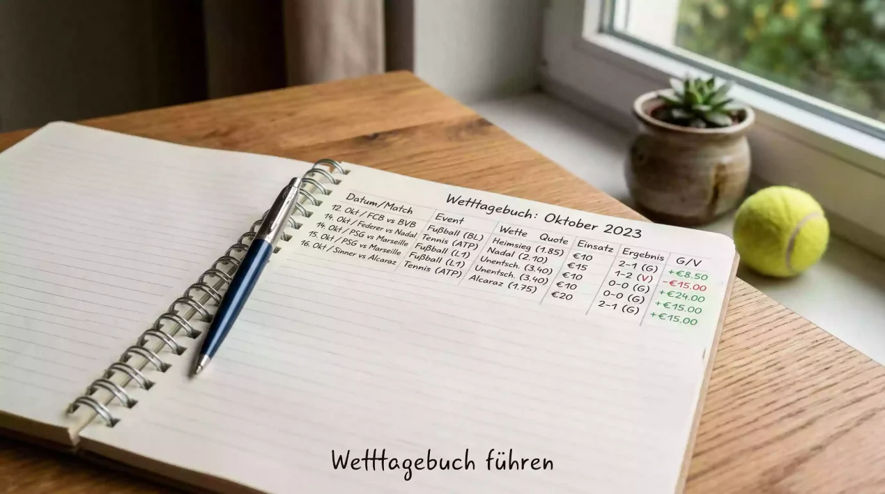 Aufgeschlagenes Notizbuch mit handschriftlichen Wettnotizen und Stift